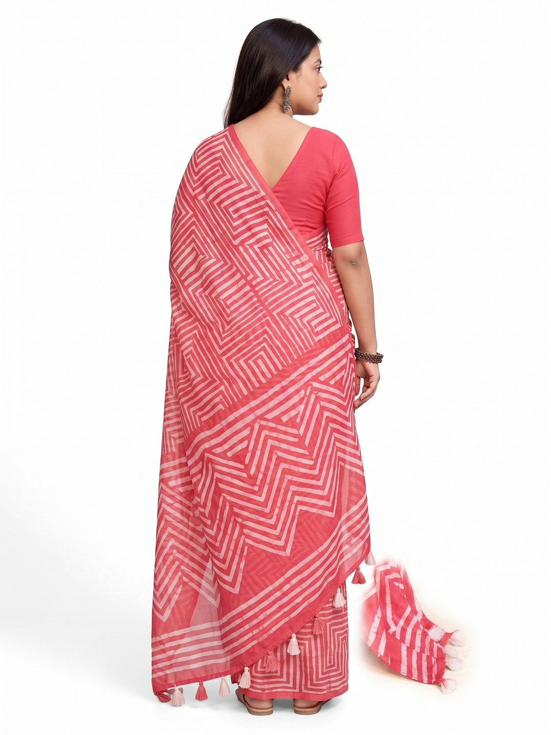 Peachmode Red Linen Cotton Floral Printed Saree - Image 4