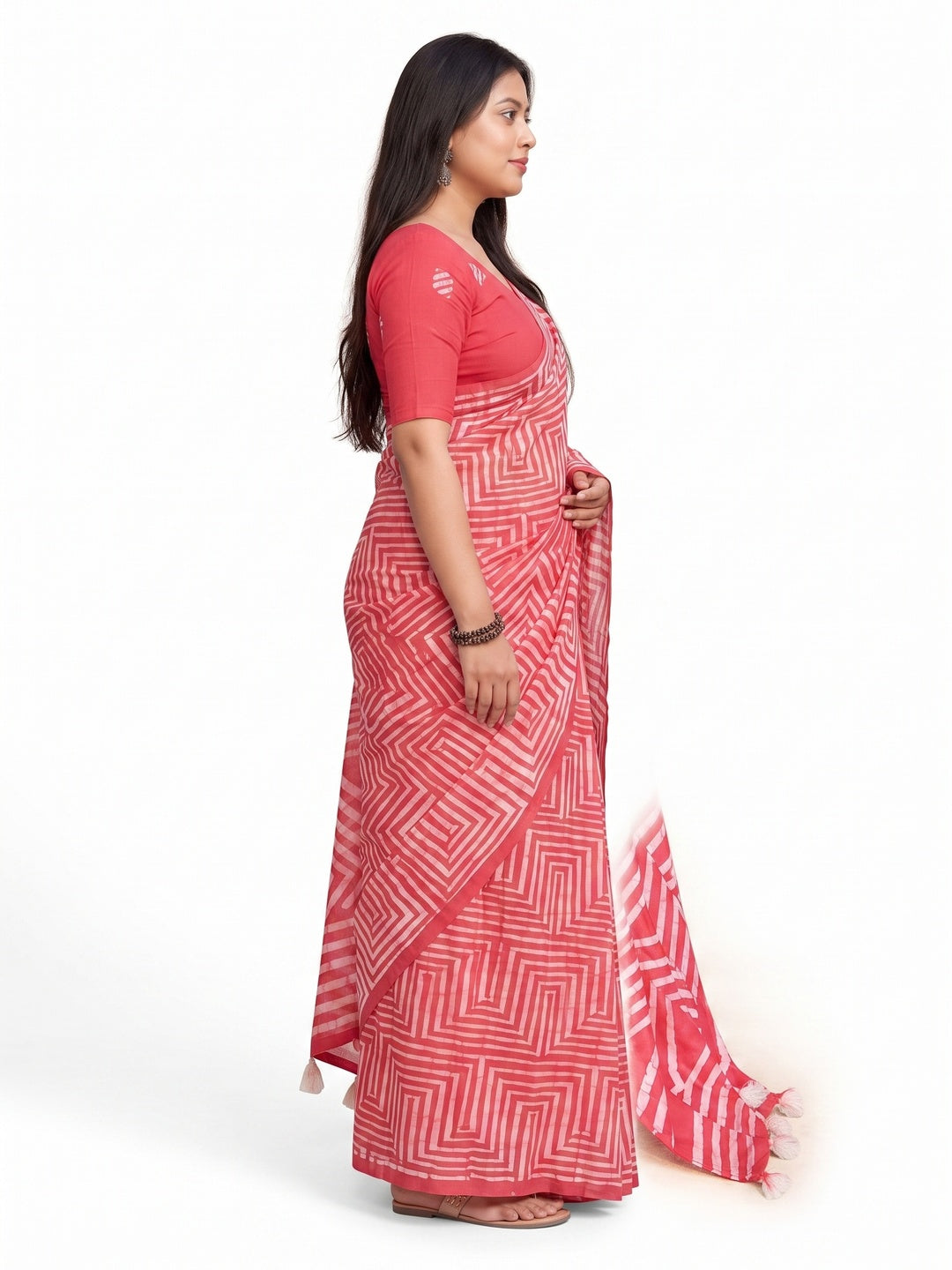 Peachmode Red Linen Cotton Floral Printed Saree - Image 5