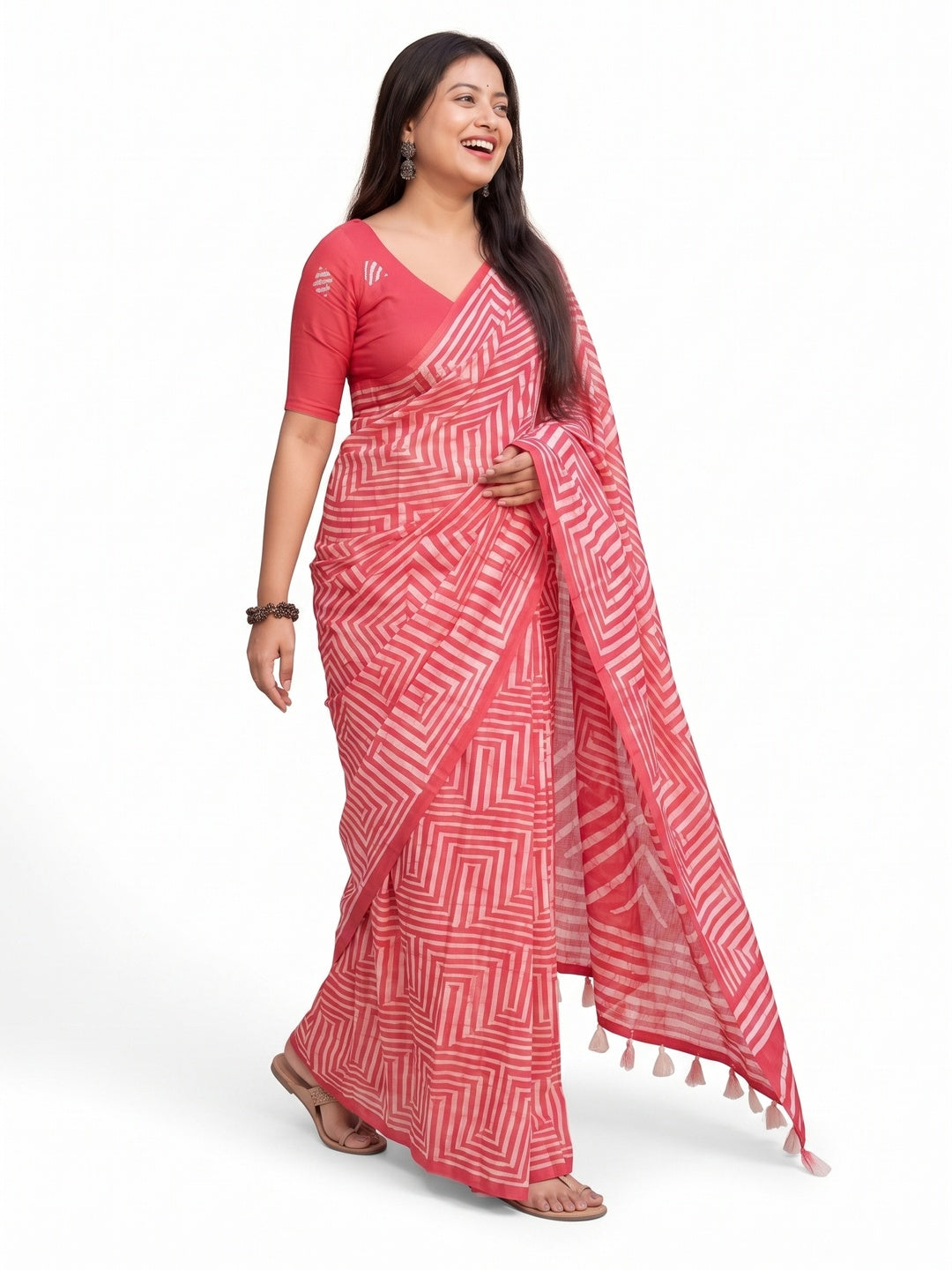 Peachmode Red Linen Cotton Floral Printed Saree - Image 6