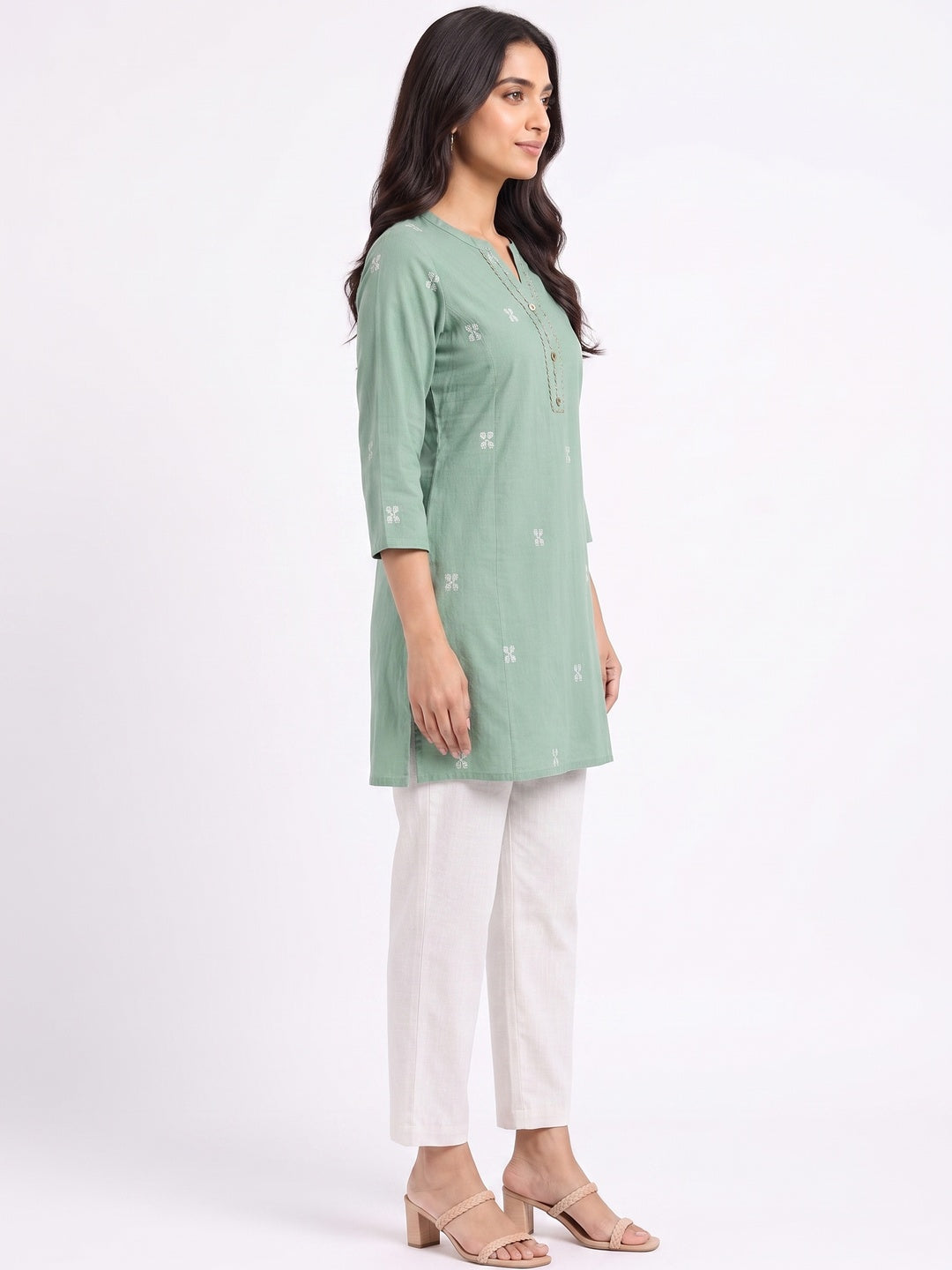 Green Pure Cotton Embroidered Short Top - Image 6