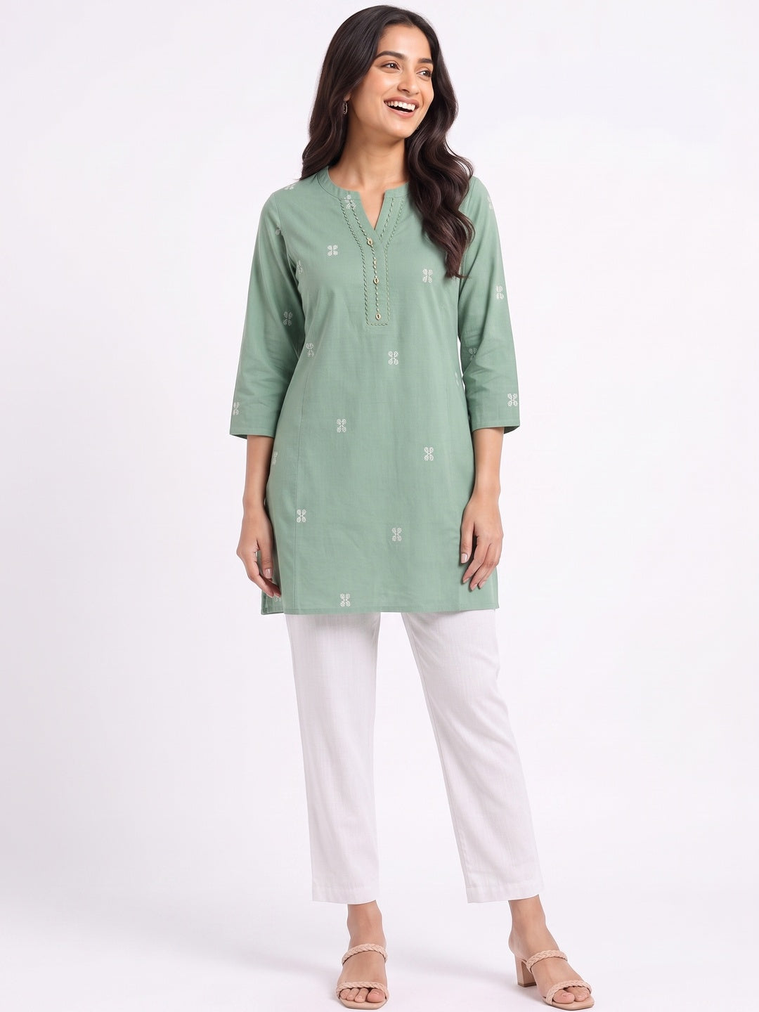 Green Pure Cotton Embroidered Short Top - Image 7