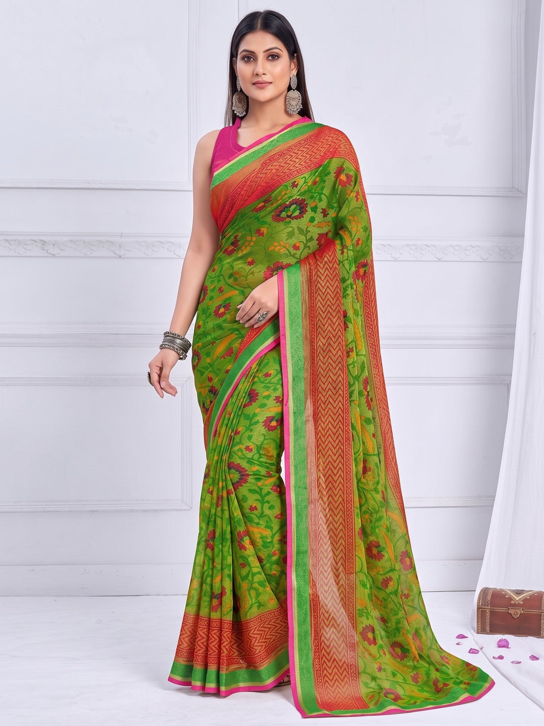 Green Floral Printed Chiffon Saree - Image 2
