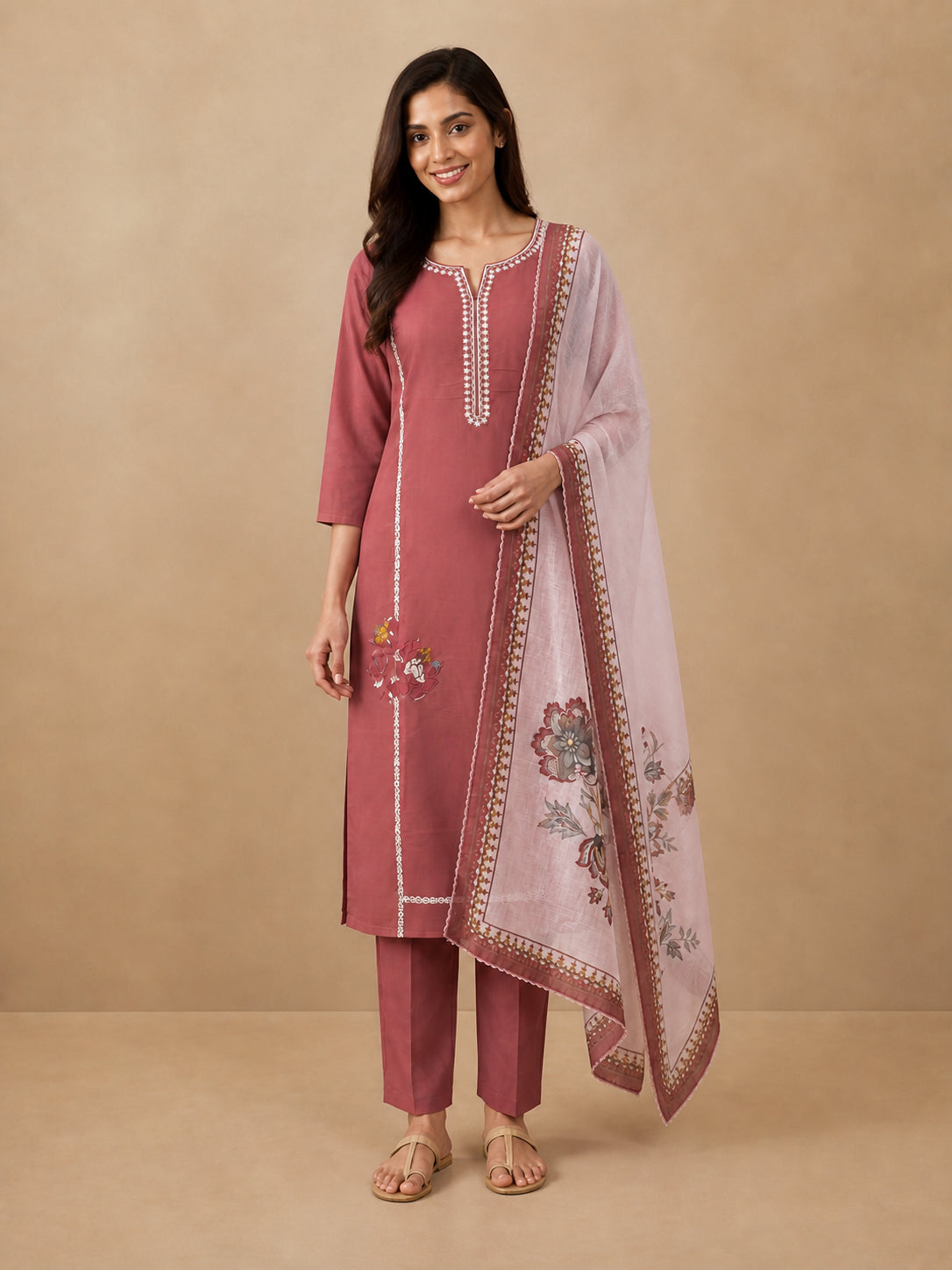 Peachmode Mauve Mul Chanderi Floral Embroidered Salwar Suit - Image 2