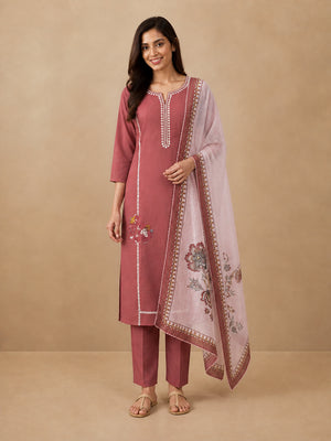 Peachmode Mauve Mul Chanderi Floral Embroidered Salwar Suit - Image 2