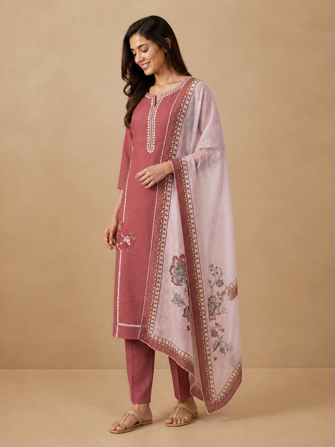 Peachmode Mauve Mul Chanderi Floral Embroidered Salwar Suit - Image 3