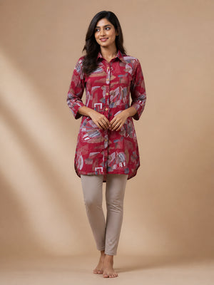 Peachmode Maroon Rayon Abstract Geometric Printed Shirt Top - Image 1