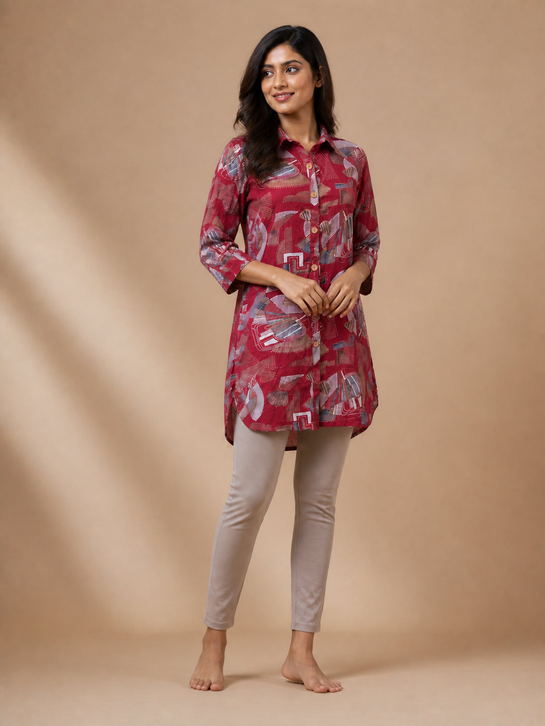 Peachmode Maroon Rayon Abstract Geometric Printed Shirt Top - Image 5