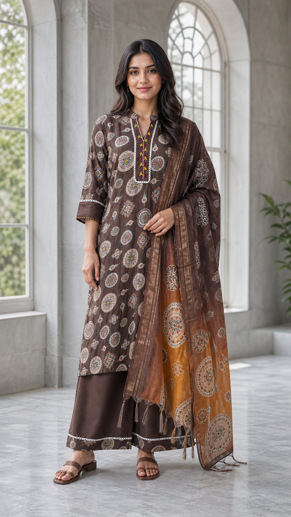 Peachmode Brown Viscose Blend Ethnic Motif Salwar Suit - Image 1