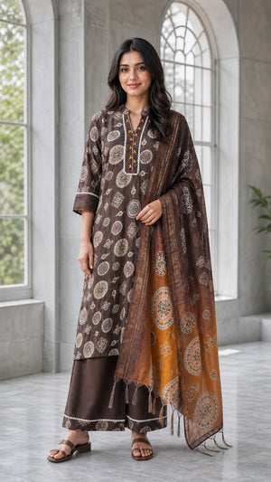 Peachmode Brown Viscose Blend Ethnic Motif Salwar Suit - Image 2