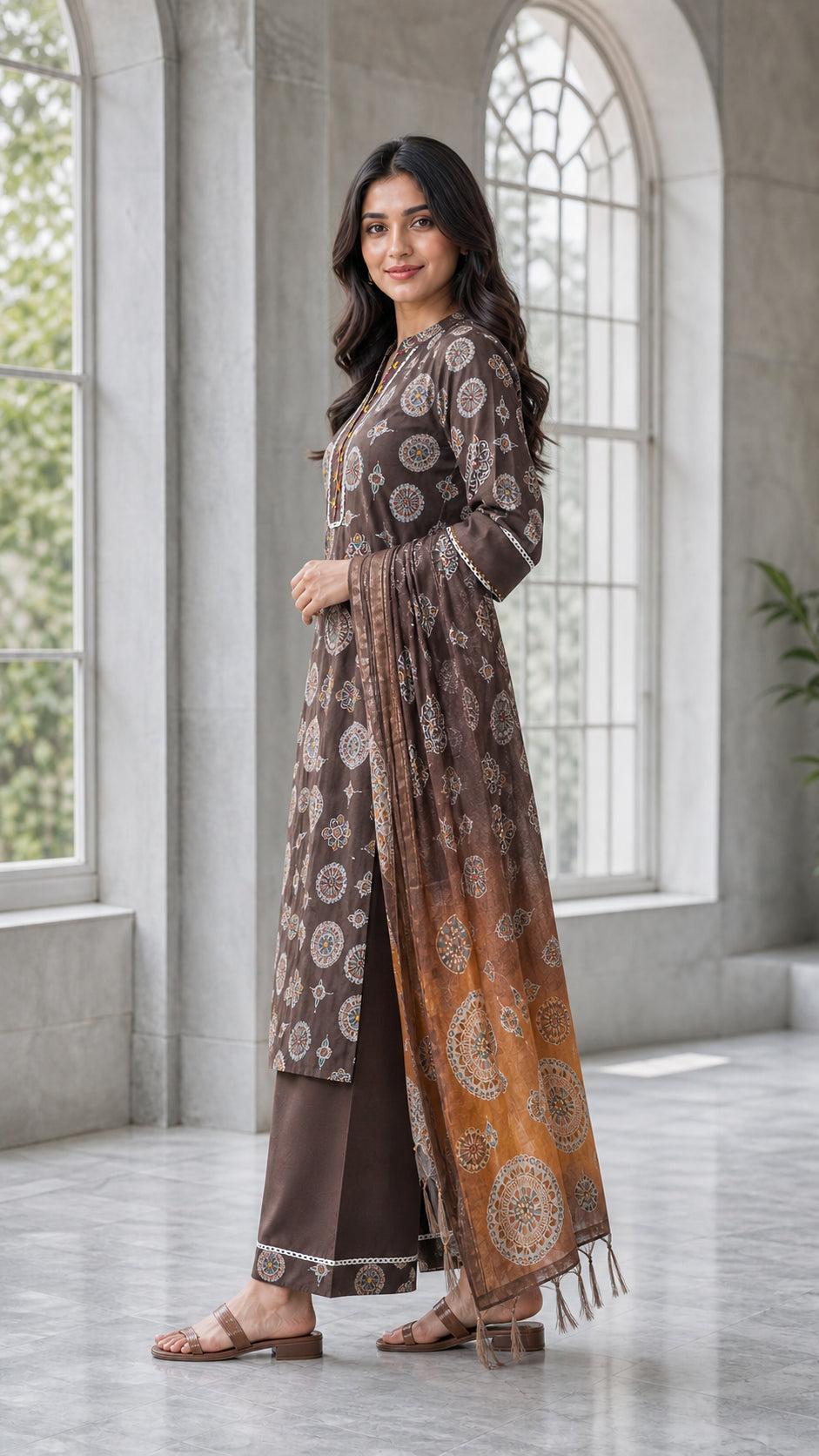 Peachmode Brown Viscose Blend Ethnic Motif Salwar Suit - Image 3