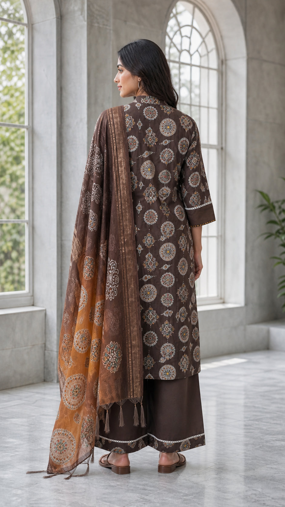Peachmode Brown Viscose Blend Ethnic Motif Salwar Suit - Image 4