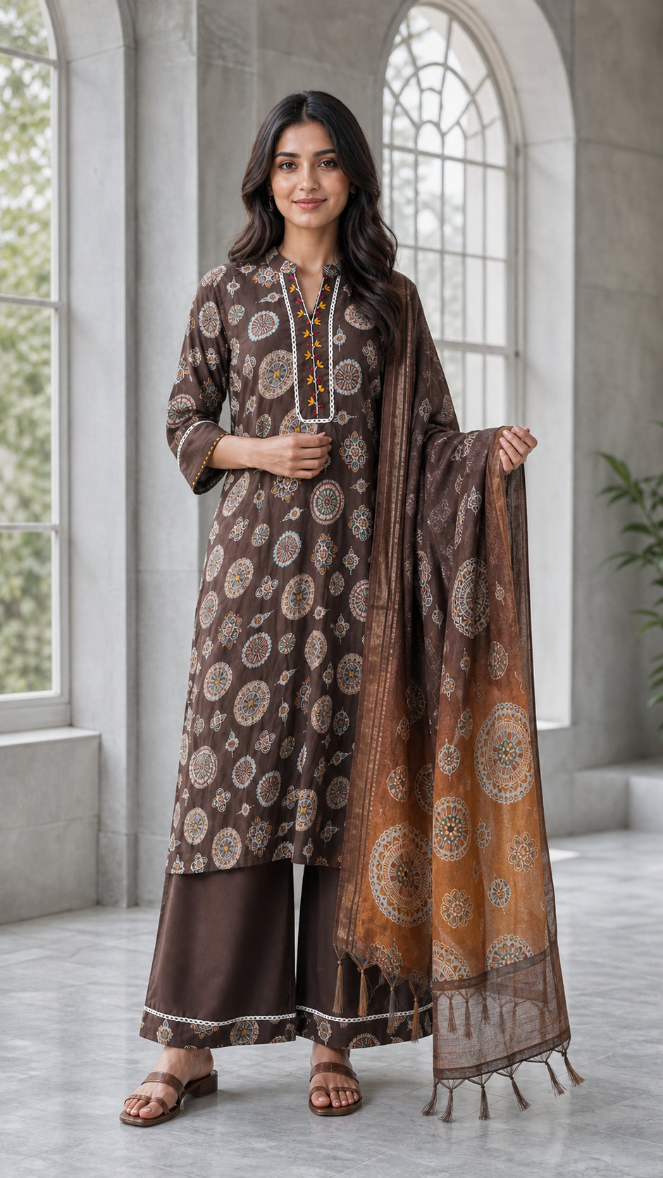 Peachmode Brown Viscose Blend Ethnic Motif Salwar Suit - Image 5