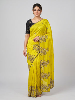 Peachmode Yellow Rangoli Silk Saree with Embroidered Border - Image 1