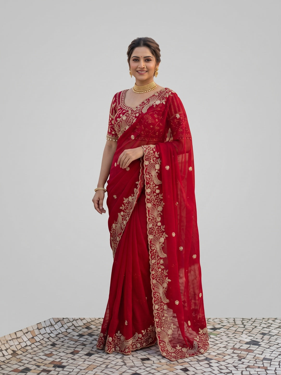 Peachmode Red Fandy Satin Silk Saree with Sequins, Zari Embroidery and Cutwork Border - Image 1