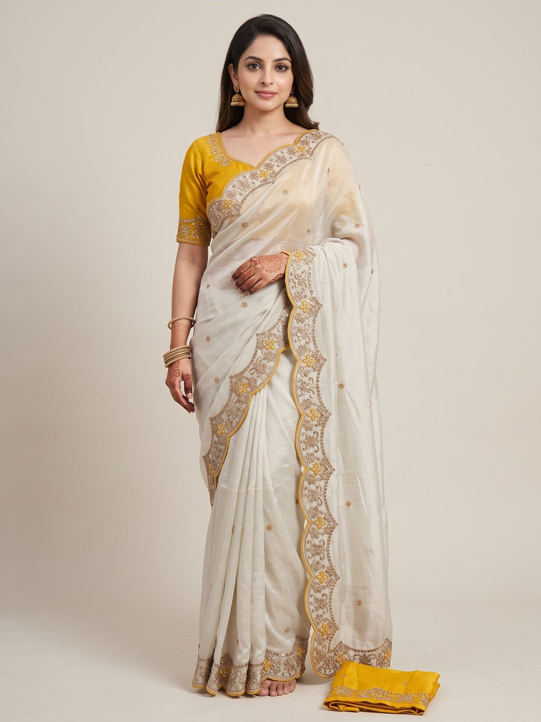 Peachmode White Rangoli Silk Saree with Thread and Zari Embroidery - Image 1
