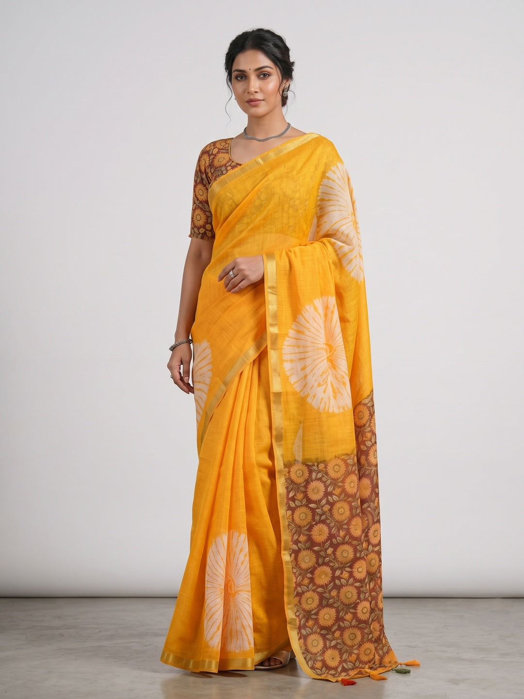 Yellow Linen Saree with White Abstract Design Lightweight Comfortable Outfit - Image 1