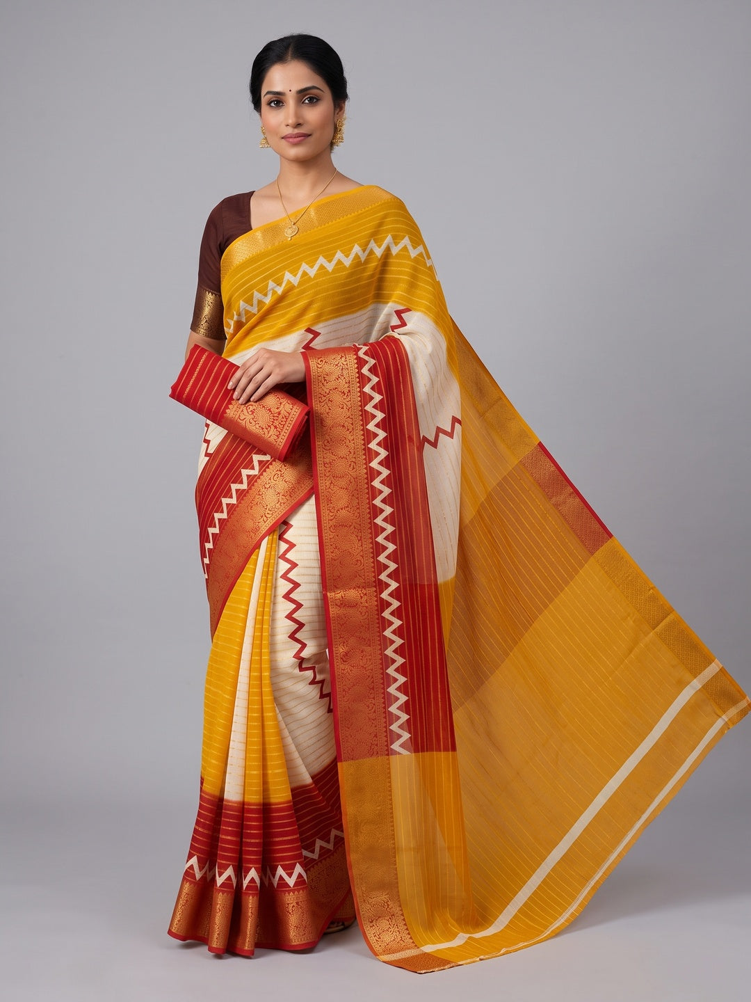 Elegant Red & Mustard Striped Weaving Georgette Saree Enhanced With Zig Zag Print Work - Image 1