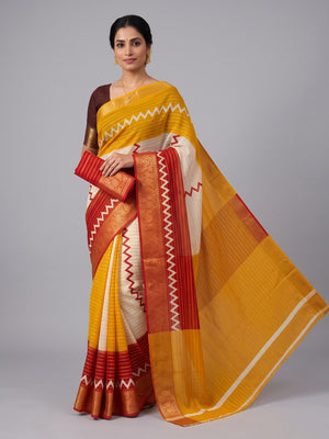 Elegant Red & Mustard Striped Weaving Georgette Saree Enhanced With Zig Zag Print Work - Image 1