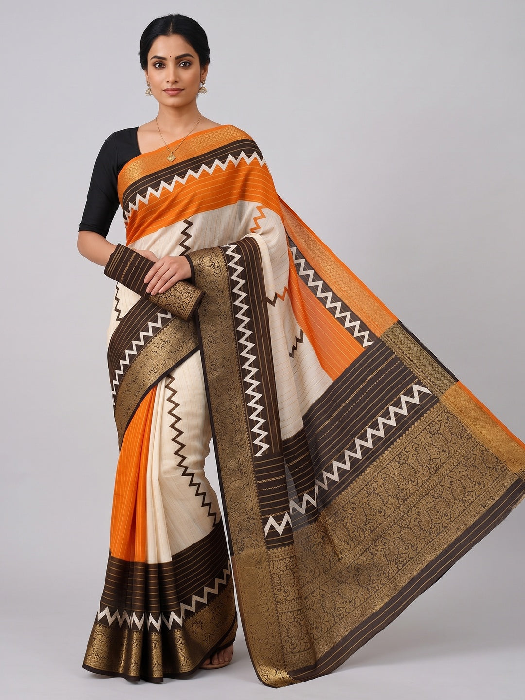 Elegant Brown & Orange Striped Weaving Georgette Saree Enhanced With Zig Zag Print Work - Image 4