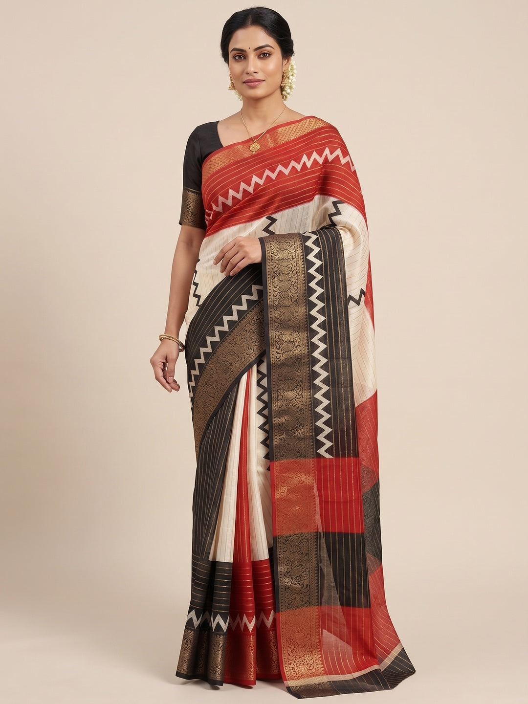 Elegant Black & Red Striped Weaving Georgette Saree Enhanced With Zig Zag Print Work - Image 4