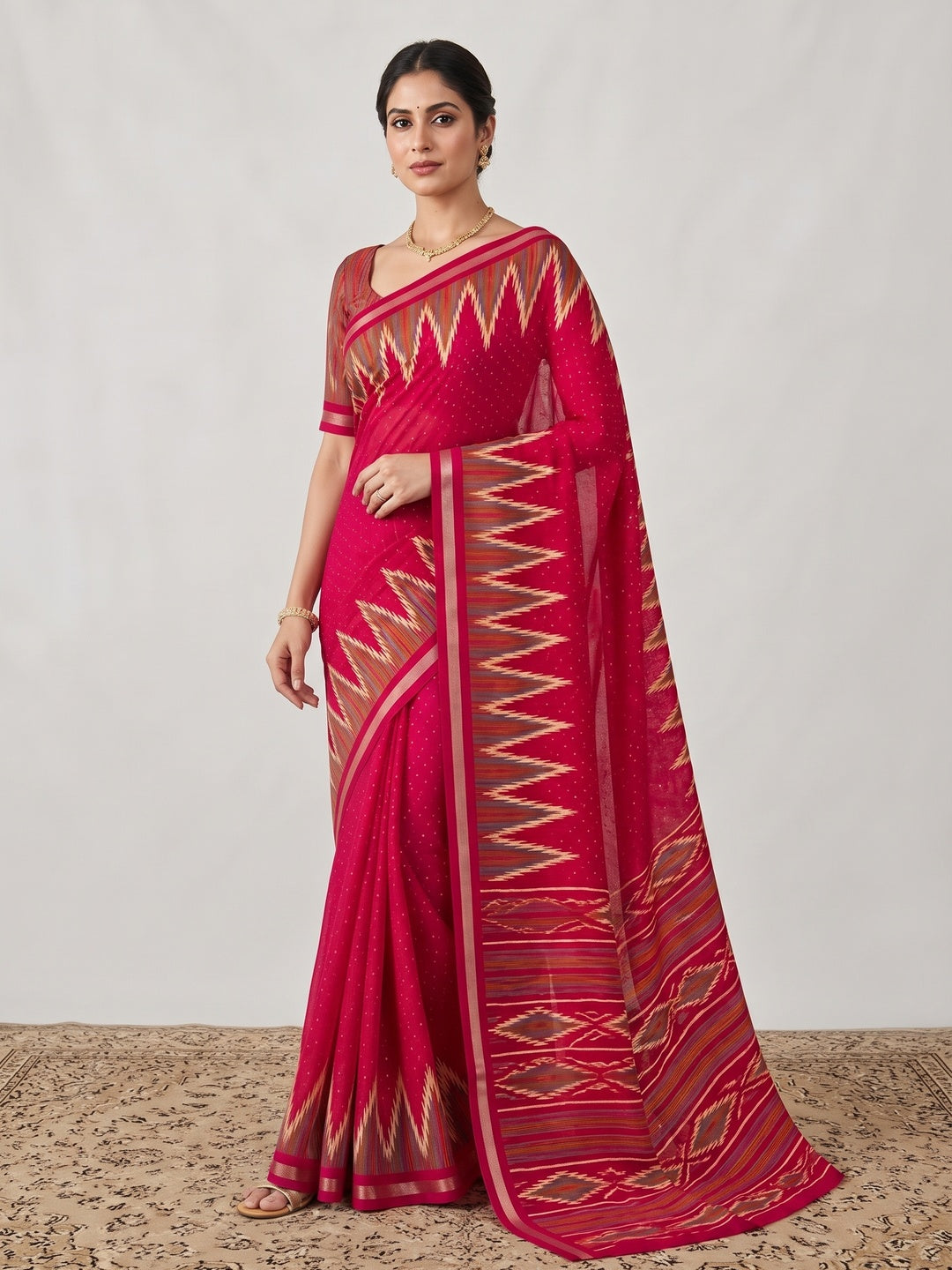 Classic Pink Ikkat Printed Mulmul Cotton Saree With Elegant Zari Weaving Border - Image 3