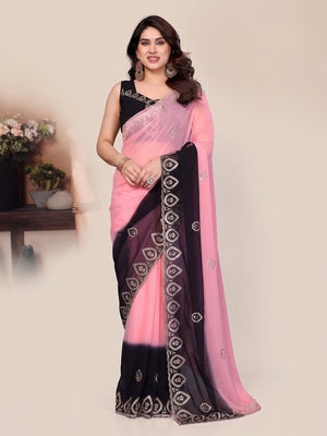 Soft Pink & Black Georgette Party Wear Saree with Designer Embroidered Border - Image 1