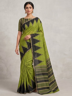 Luxury Green Zig Zag & Striped Printed Chanderi Silk Saree With Weaving Border - Image 1