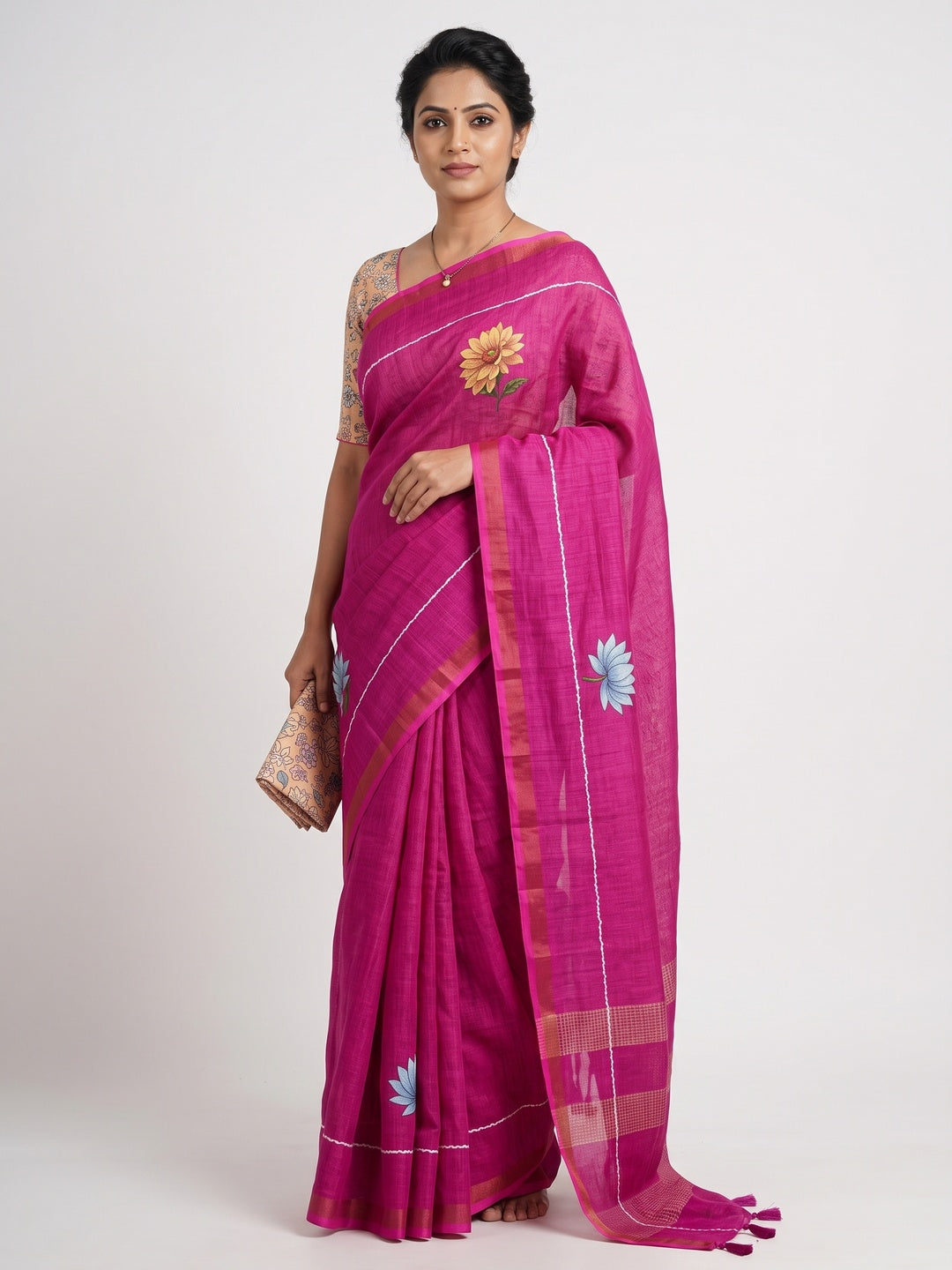 Elegant Rani Pink Floral Digital Printed Linen Cotton Saree With Woven Border & Tassel Pallu - Image 1