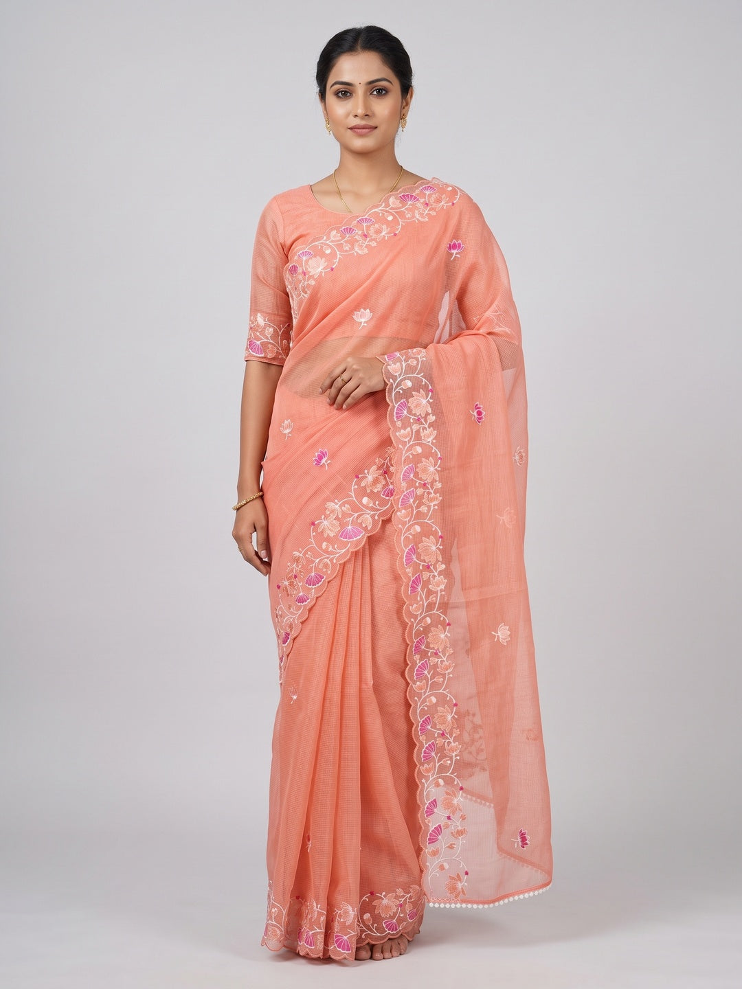 Peach Handwoven Kota Doria Saree Featuring Rich Gota Work for a Festive Look - Image 1
