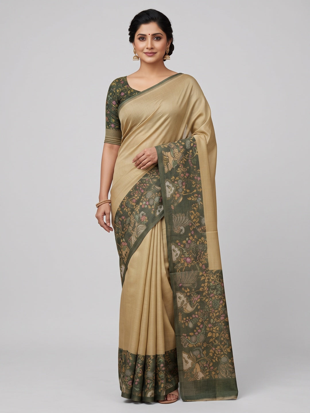 Elegant Chikoo Cotton Silk Saree with Floral Printed Border - Image 1