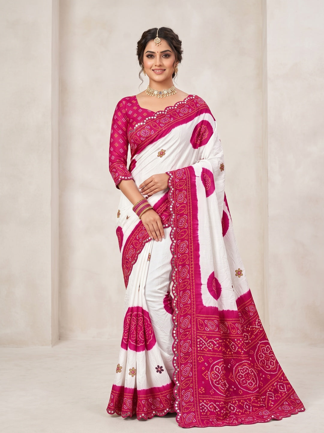 Elegant Pink & White Chiffon Silk Saree With Bandhani Print - Image 1