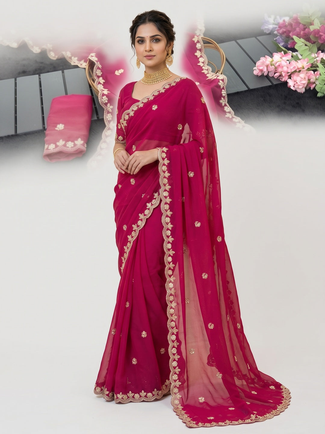 Elegant Pink Georgette Saree Embellished With Floral Zari Embroidery & Intricate Moti Work - Image 1