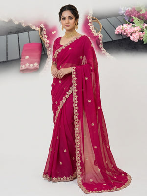 Elegant Pink Georgette Saree Embellished With Floral Zari Embroidery & Intricate Moti Work - Image 1