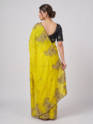 Peachmode Yellow Rangoli Silk Saree with Embroidered Border - Image 2