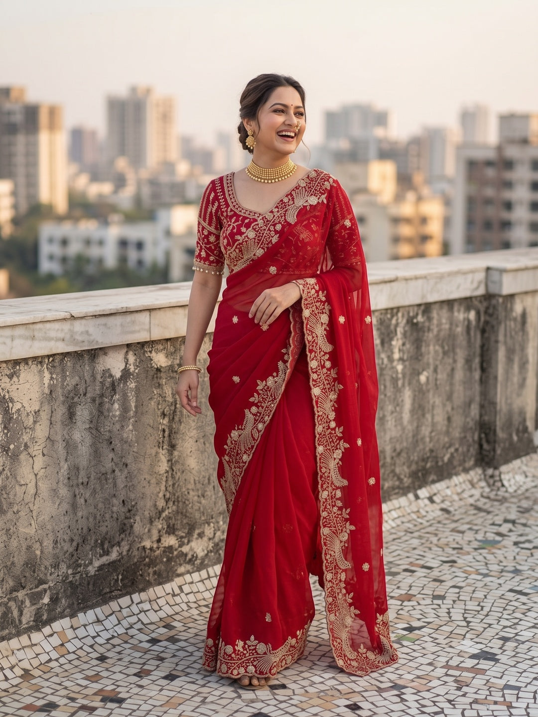 Peachmode Red Fandy Satin Silk Saree with Sequins, Zari Embroidery and Cutwork Border - Image 4