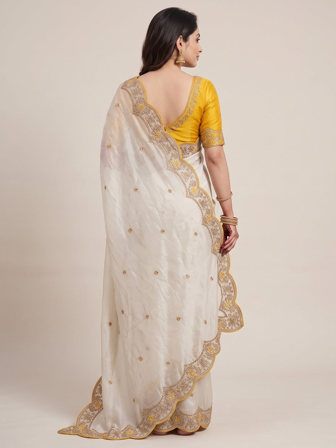 Peachmode White Rangoli Silk Saree with Thread and Zari Embroidery - Image 2