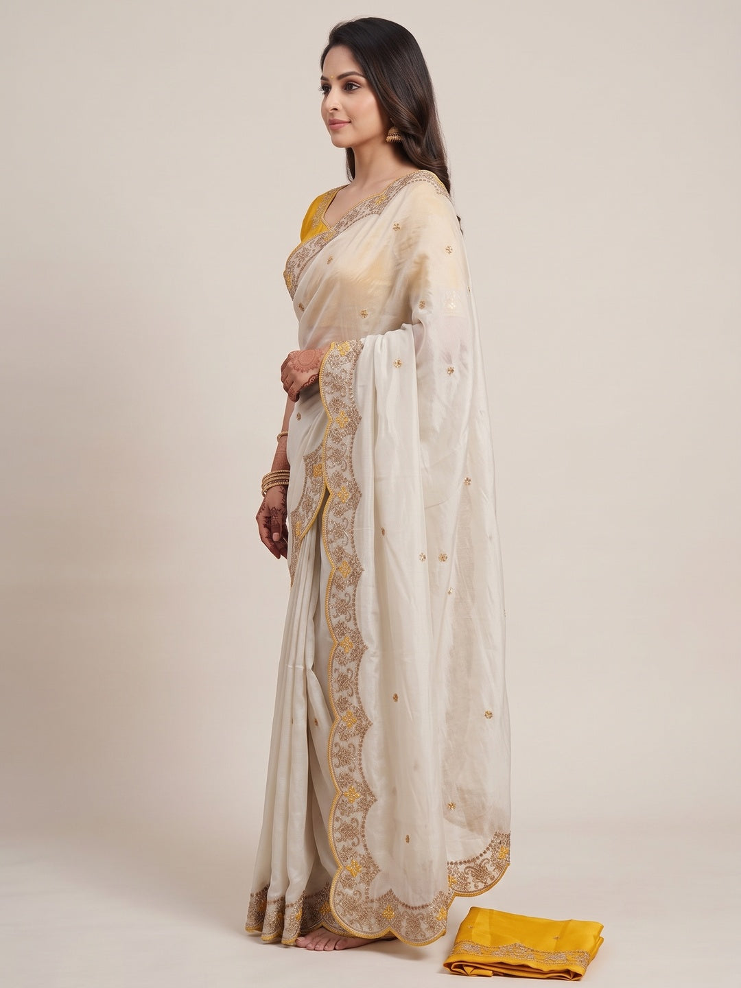 Peachmode White Rangoli Silk Saree with Thread and Zari Embroidery - Image 3