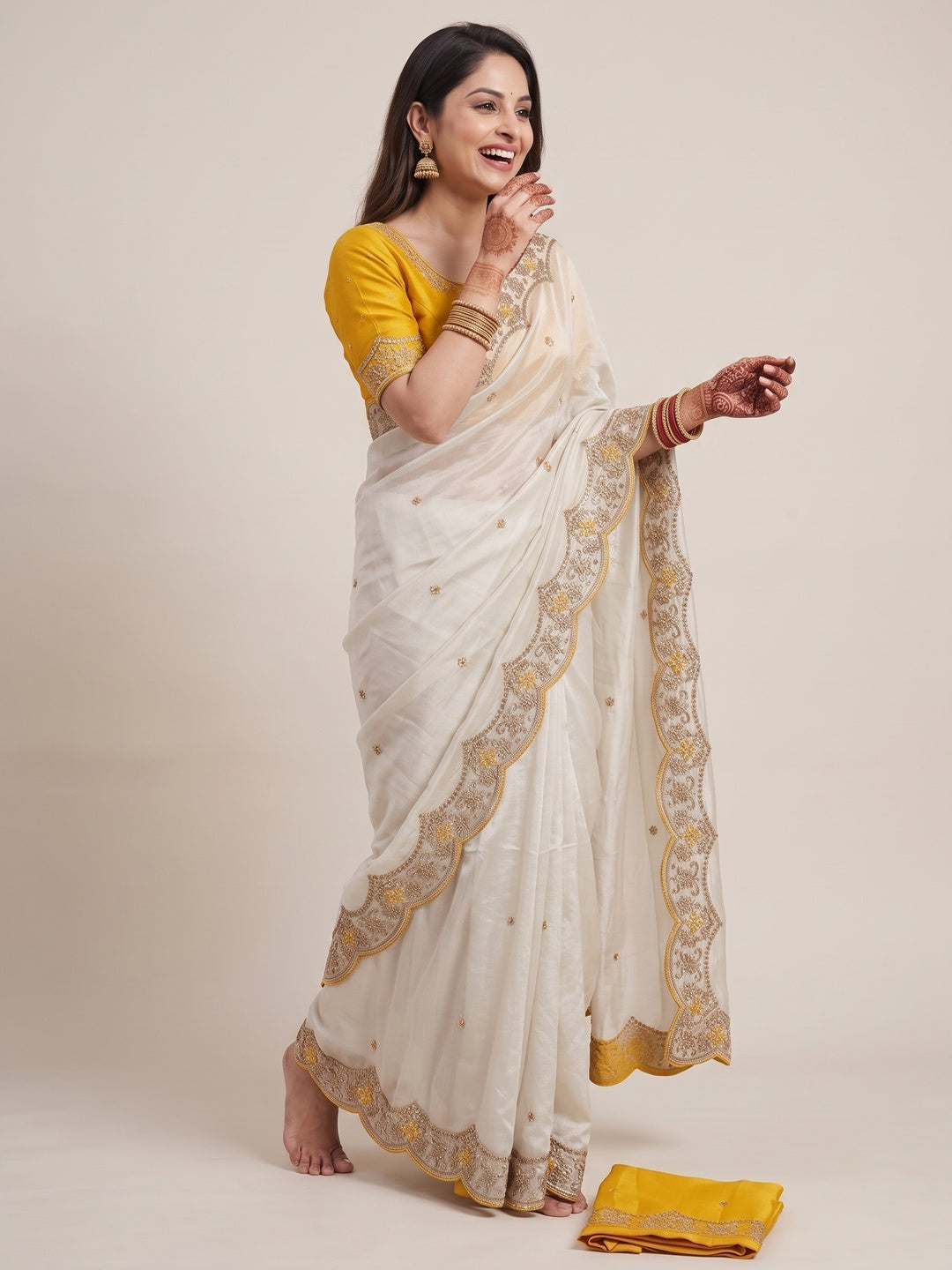 Peachmode White Rangoli Silk Saree with Thread and Zari Embroidery - Image 4