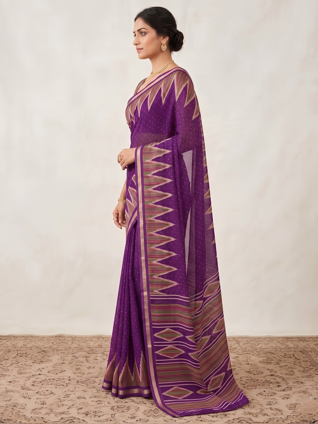 Classic Purple Ikkat Printed Mulmul Cotton Saree With Elegant Zari Weaving Border - Image 3