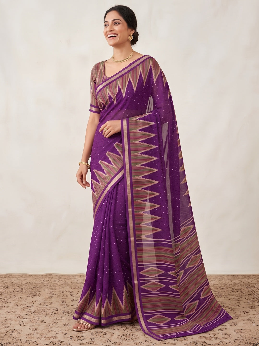 Classic Purple Ikkat Printed Mulmul Cotton Saree With Elegant Zari Weaving Border - Image 4