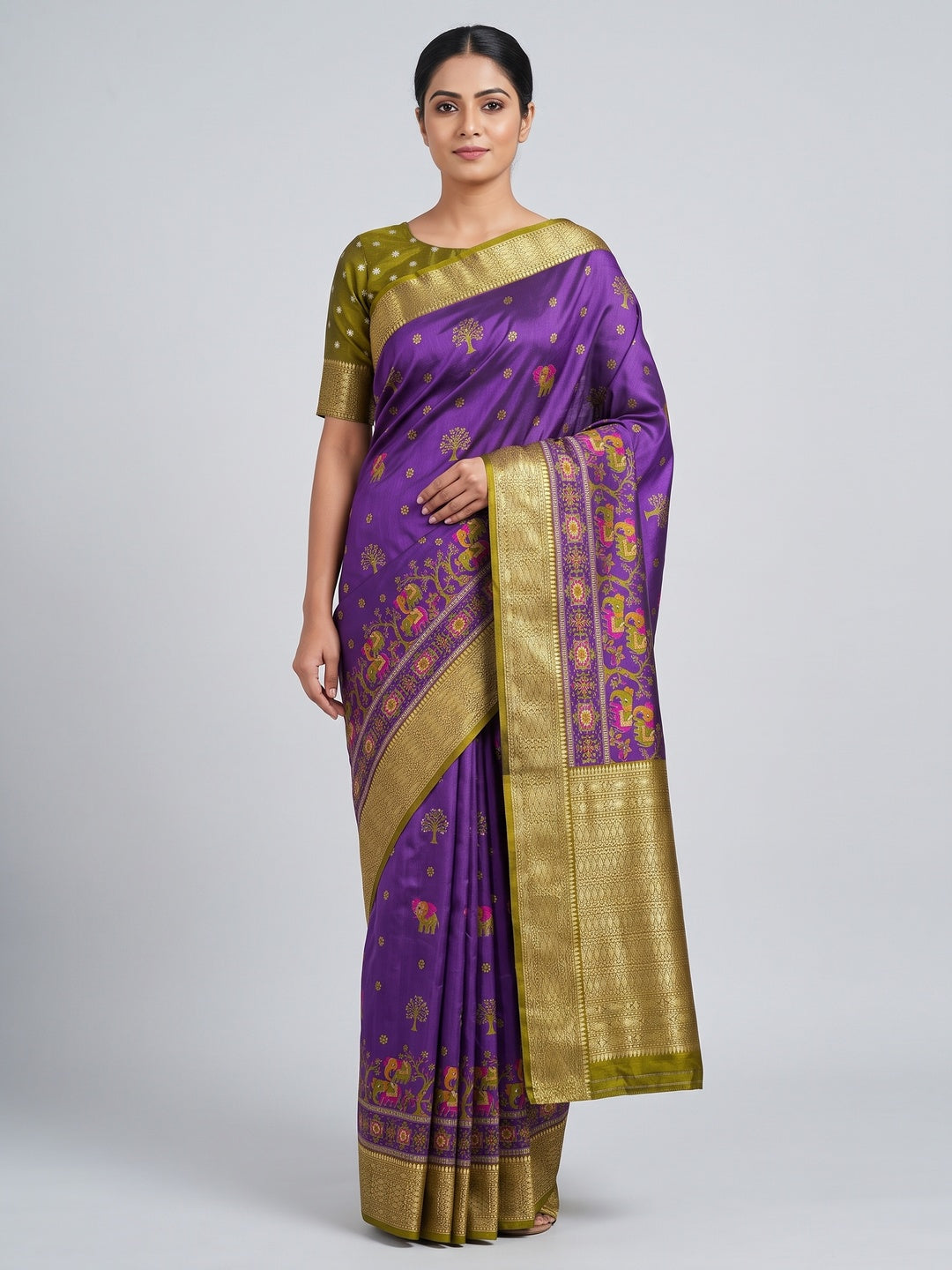 Majestic Purple Elephant & Floral Printed Dola Silk Saree Featuring Intricate Weaving Border - Image 1