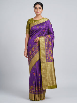 Majestic Purple Elephant & Floral Printed Dola Silk Saree Featuring Intricate Weaving Border - Image 1