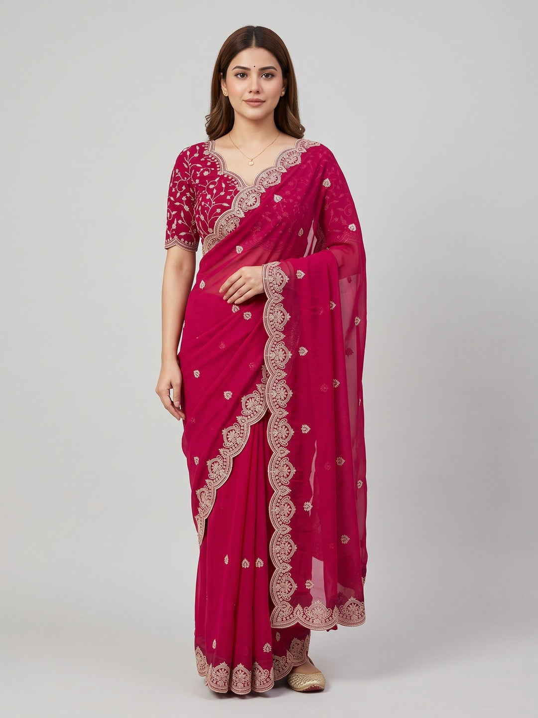 Gorgeous Pink Floral Embroidered Georgette Saree Accented With Luxurious Zari Work - Image 1