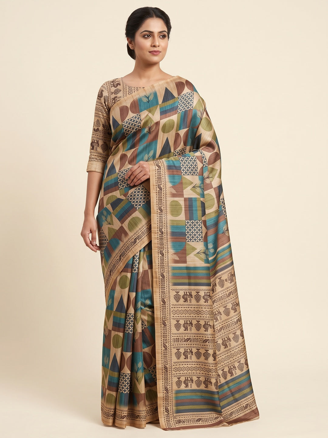 Elegant Beige Tussar Silk Blend Saree Adorned with Contemporary Geometric Patterns - Image 1