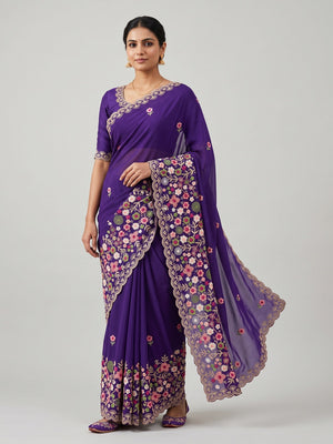 Graceful Purple Georgette Saree Featuring Exquisite Floral Thread Embroidery Work - Image 1