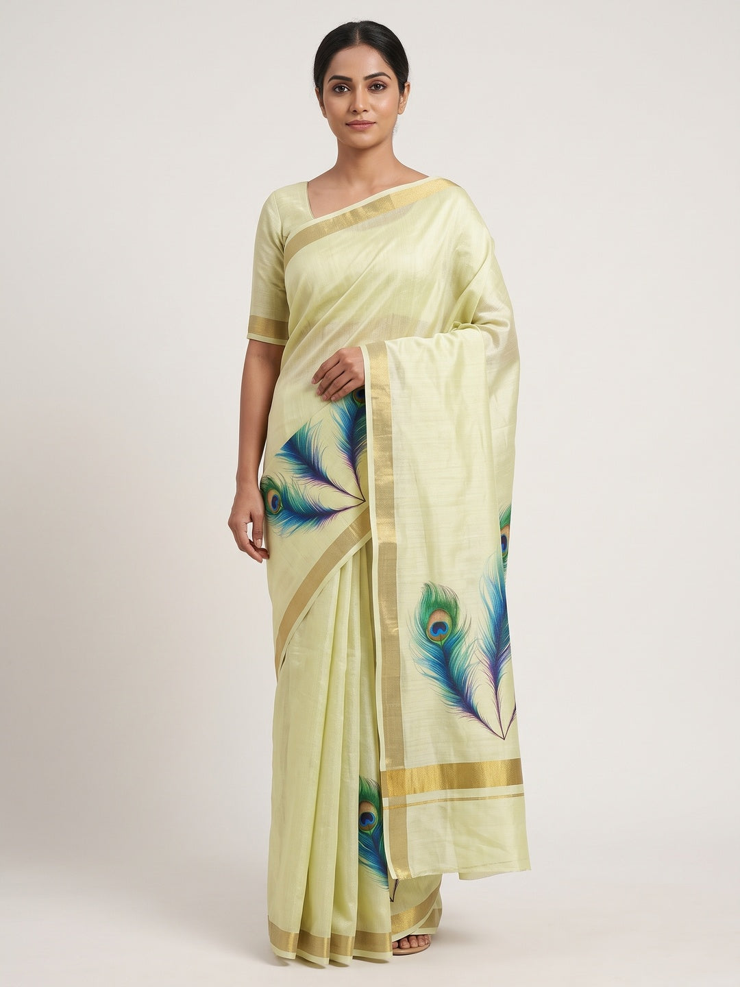 Charming Pista Green Soft Tussar Cotton Silk Saree With Peacock Feathers Print - Image 1