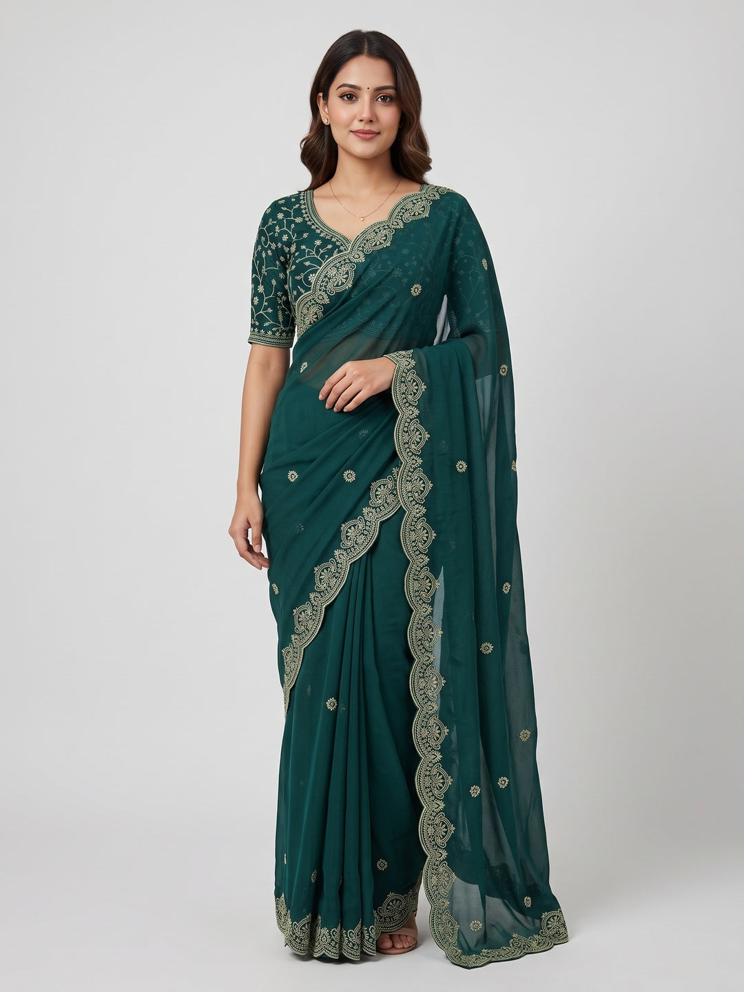 Gorgeous Teal Green Floral Embroidered Georgette Saree Accented With Luxurious Zari Work - Image 1