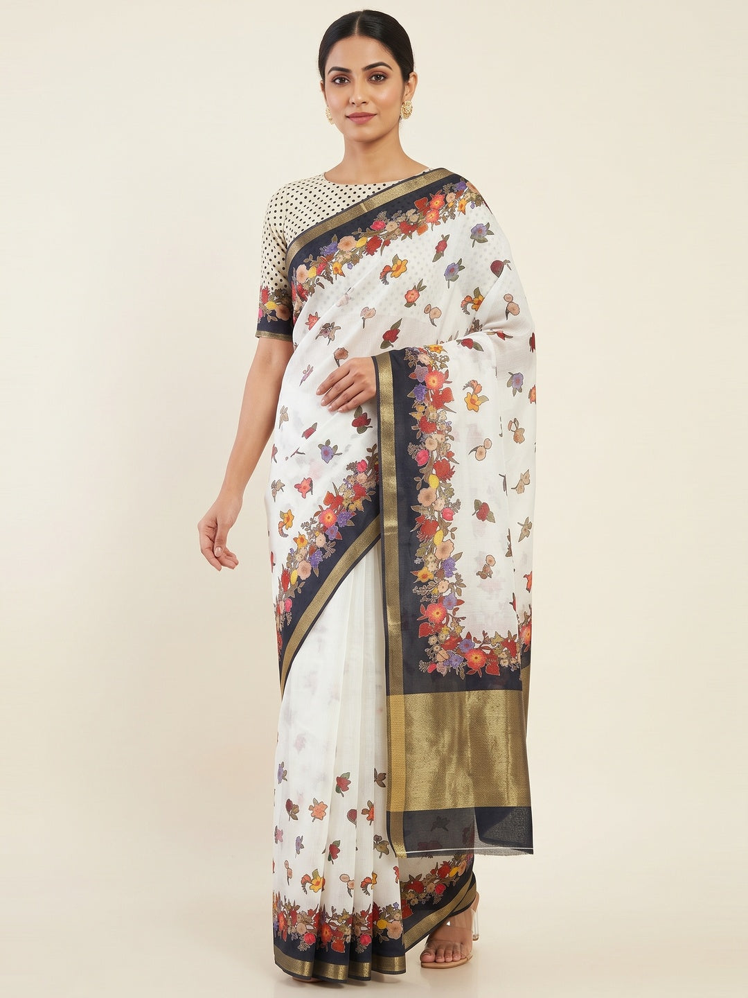 White Floral Digital Print Chanderi Cotton Saree Enhanced With Charming Zari Weaving Border - Image 1