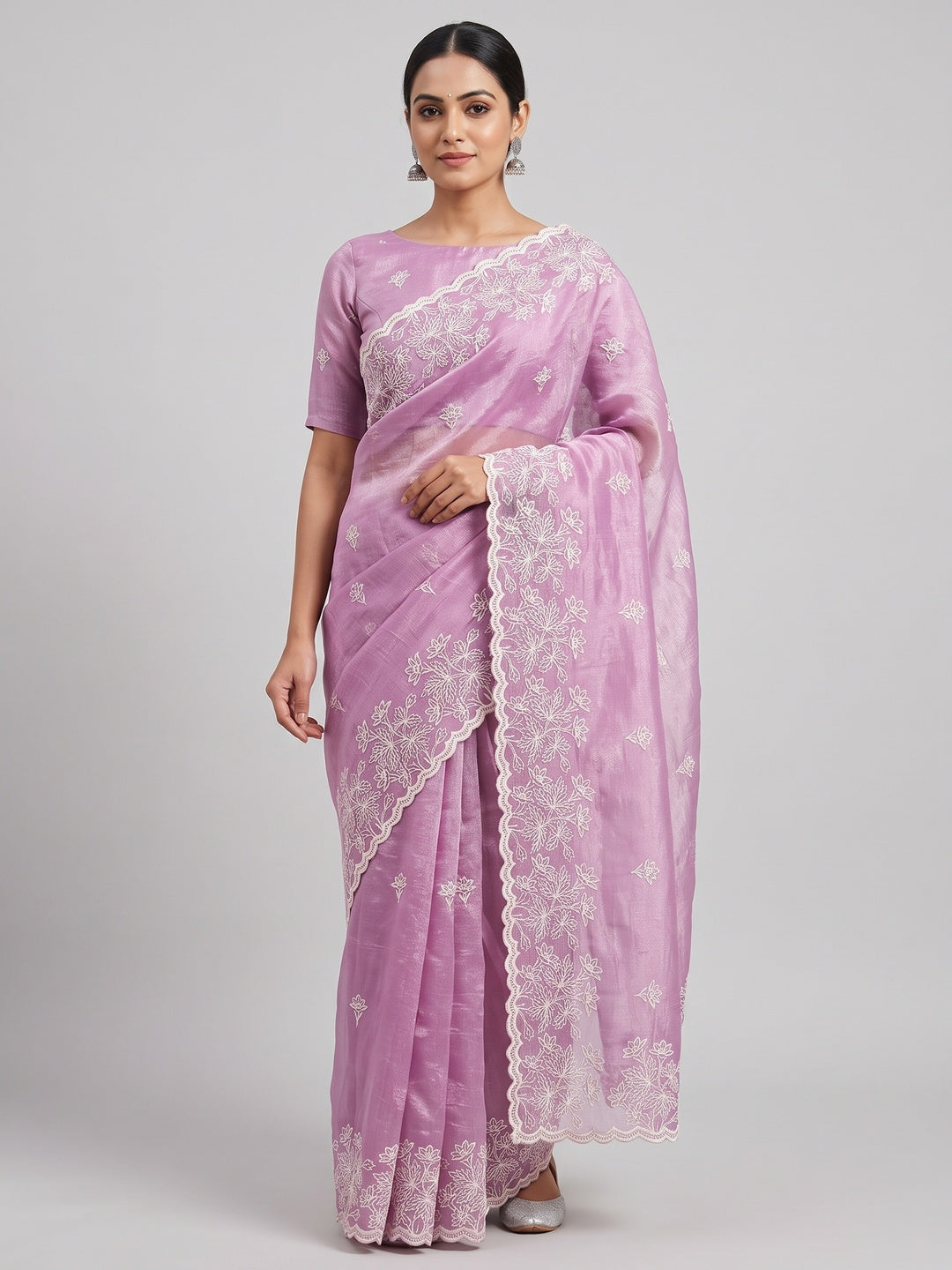 Timeless Pink Floral Organza Saree with Embroidery for Parties - Image 1