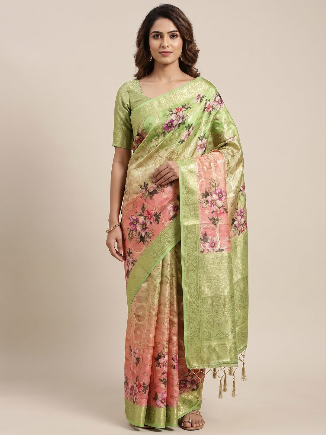 Charming Green & Pink Floral Zari Weaving Silk Blend Saree With Digital Printed - Image 1